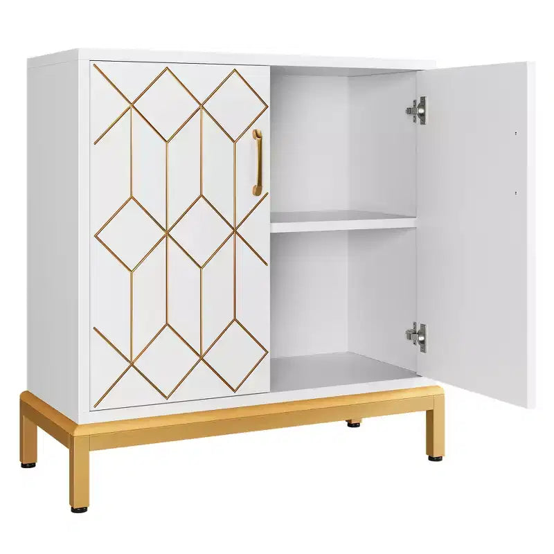 Madia moderna con ante e ripiani regolabili, Credenza autoportante con design a linea dorata per soggiorno o ufficio