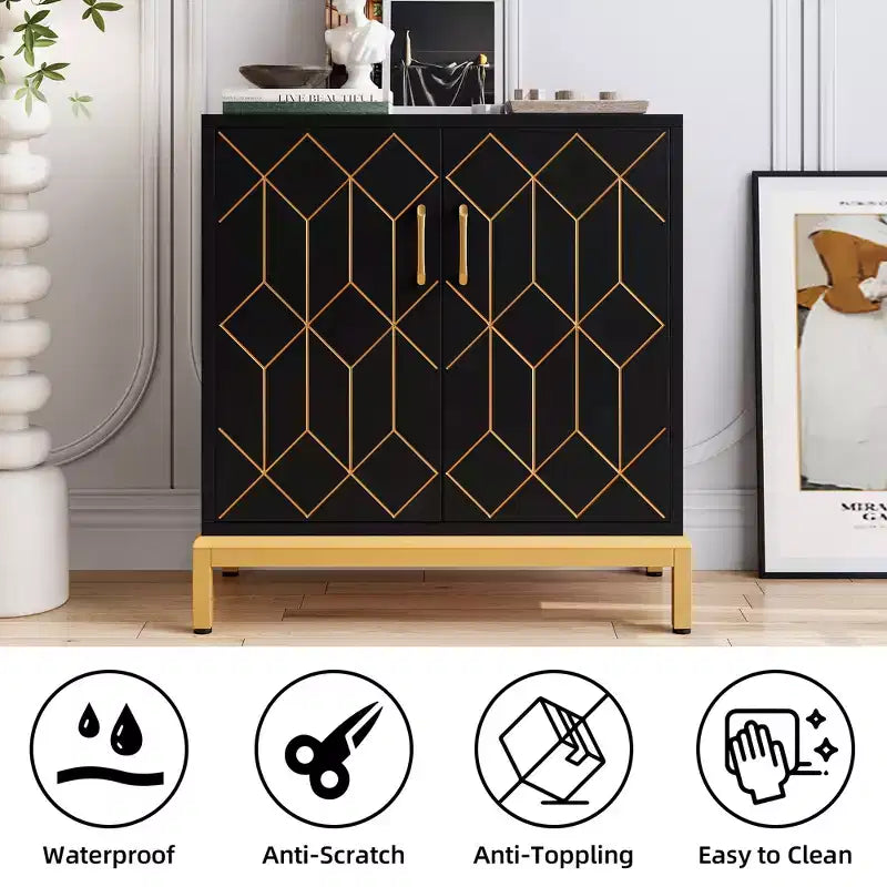 Madia moderna con ante e ripiani regolabili, Credenza autoportante con design a linea dorata per soggiorno o ufficio