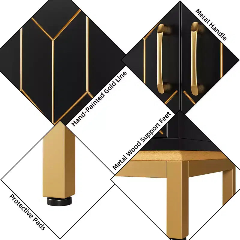 Madia moderna con ante e ripiani regolabili, Credenza autoportante con design a linea dorata per soggiorno o ufficio