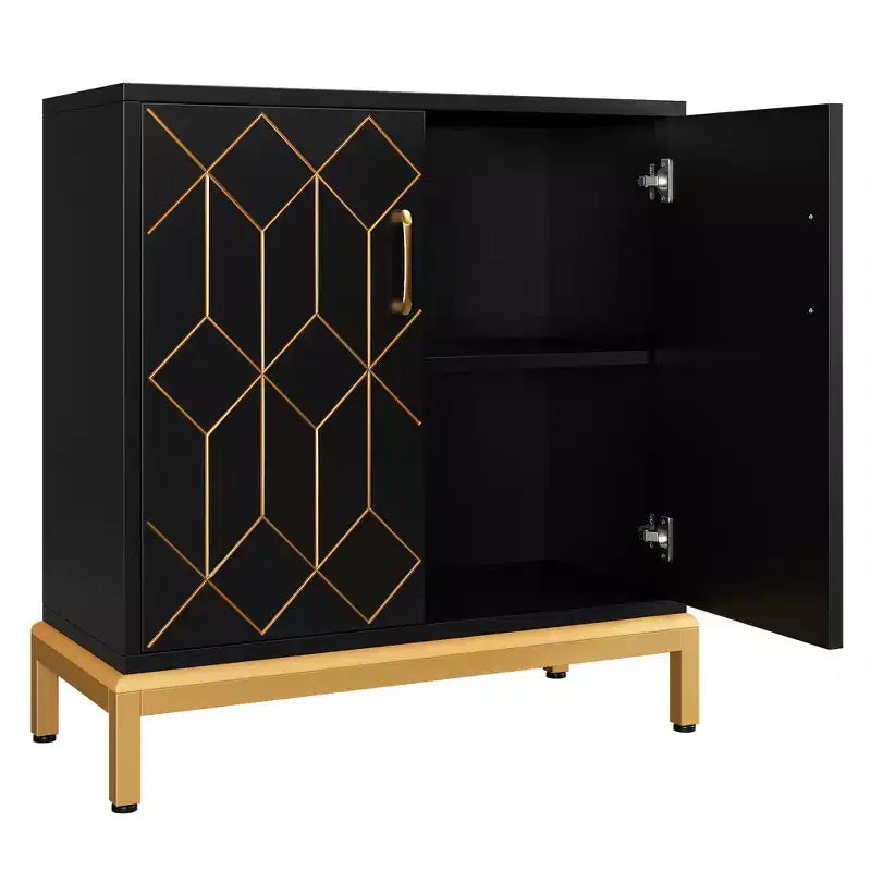 Madia moderna con ante e ripiani regolabili, Credenza autoportante con design a linea dorata per soggiorno o ufficio