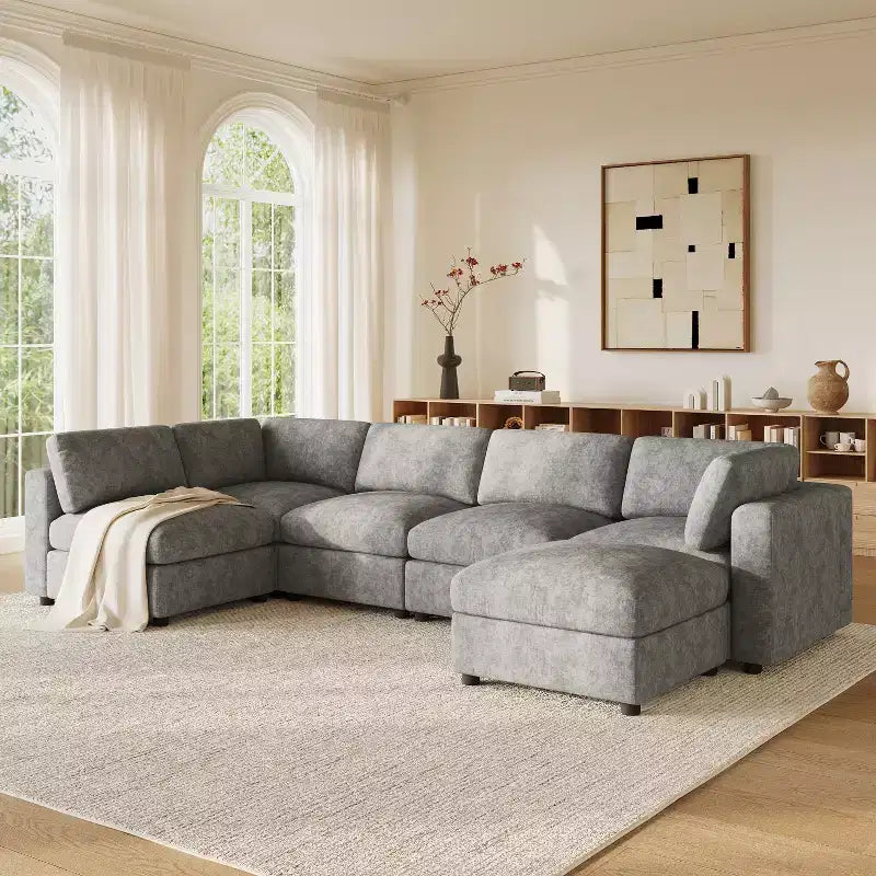 GDFStudio Hudson Divano Componibile Moderno in ciniglia a 6 Posti, a Forma di U, Convertibile con Pouf