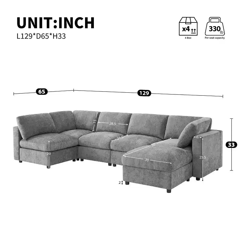 GDFStudio Hudson Divano Componibile Moderno in ciniglia a 6 Posti, a Forma di U, Convertibile con Pouf