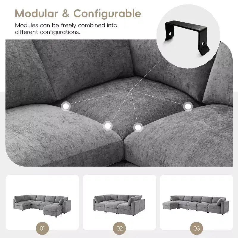 GDFStudio Hudson Divano Componibile Moderno in ciniglia a 6 Posti, a Forma di U, Convertibile con Pouf