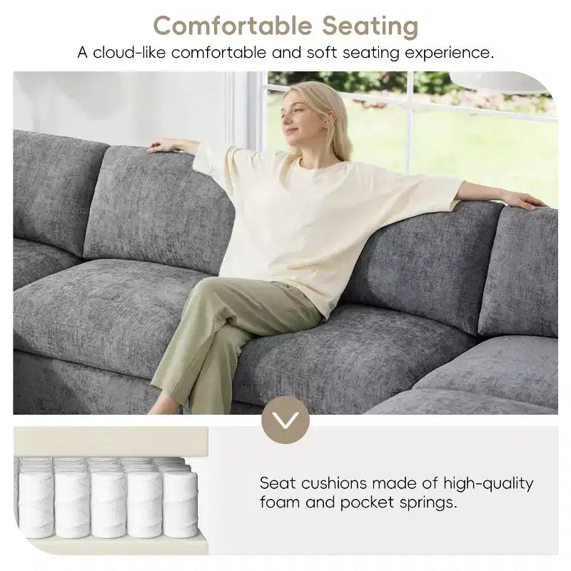 GDFStudio Hudson Divano Componibile Moderno in ciniglia a 6 Posti, a Forma di U, Convertibile con Pouf