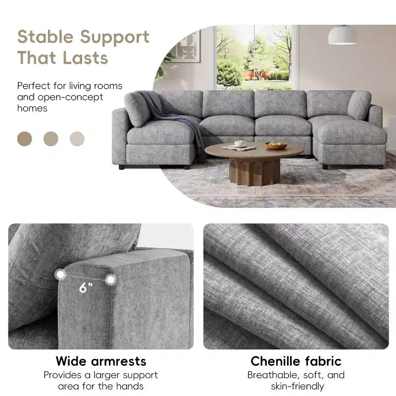 GDFStudio Hudson Divano Componibile Moderno in ciniglia a 6 Posti, a Forma di U, Convertibile con Pouf