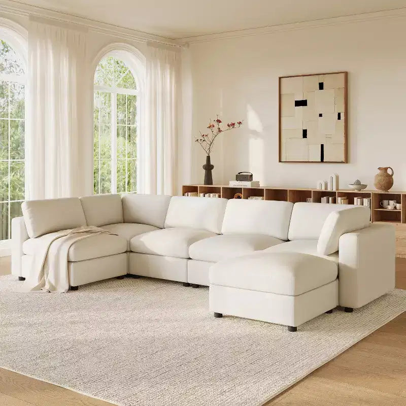 GDFStudio Hudson Divano Componibile Moderno in ciniglia a 6 Posti, a Forma di U, Convertibile con Pouf