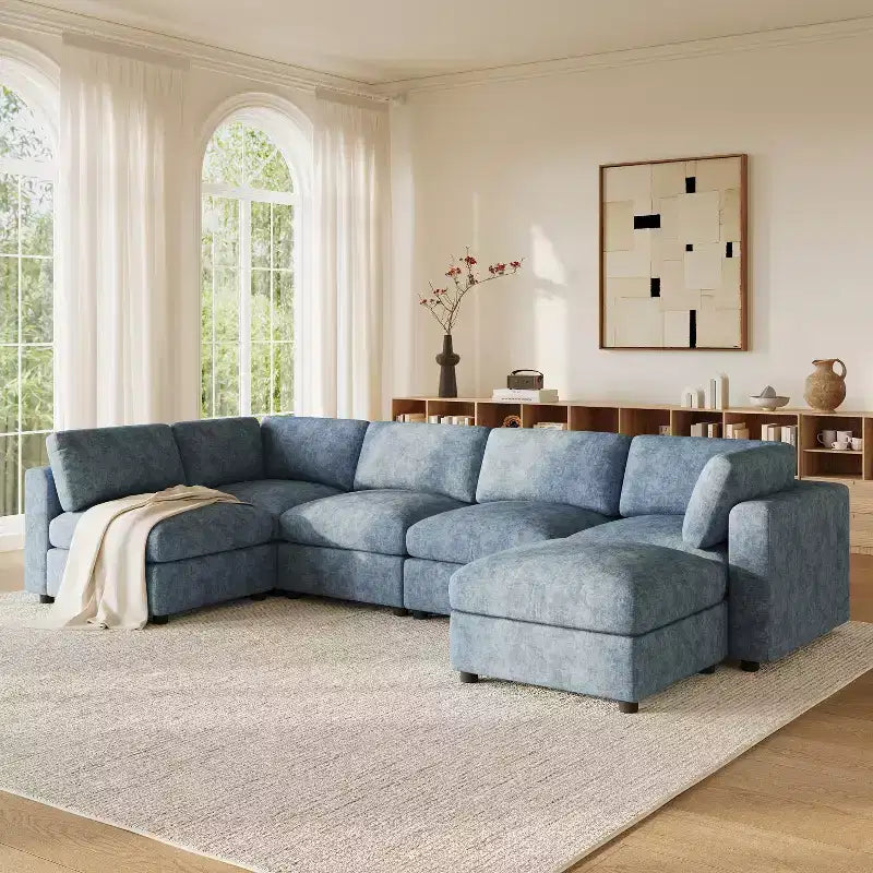 GDFStudio Hudson Divano Componibile Moderno in ciniglia a 6 Posti, a Forma di U, Convertibile con Pouf