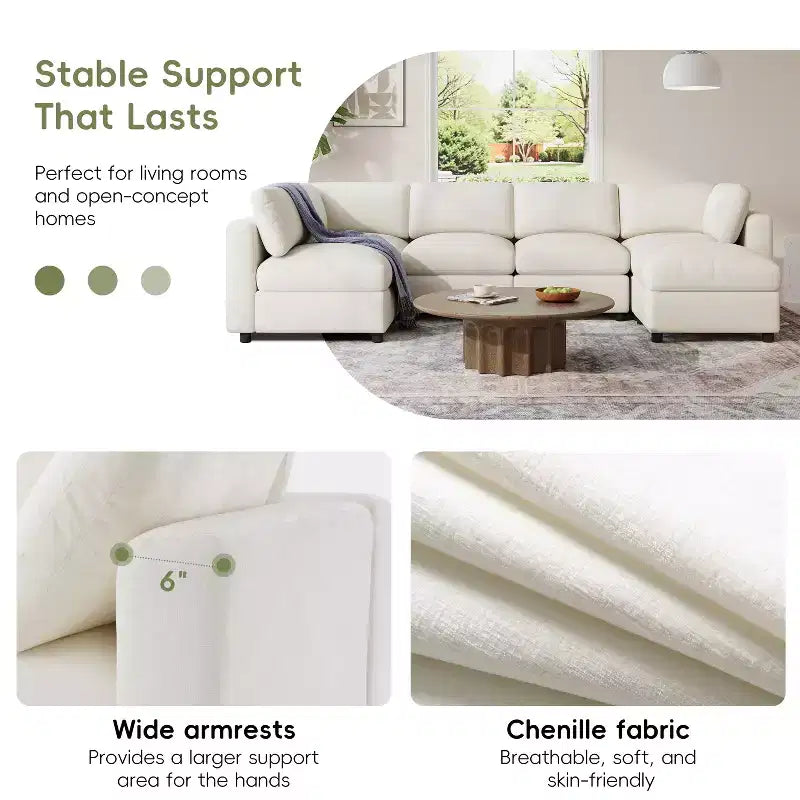 GDFStudio Hudson Divano Componibile Moderno in ciniglia a 6 Posti, a Forma di U, Convertibile con Pouf