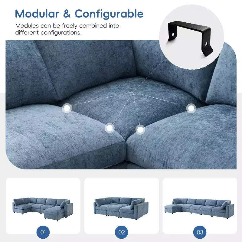GDFStudio Hudson Divano Componibile Moderno in ciniglia a 6 Posti, a Forma di U, Convertibile con Pouf