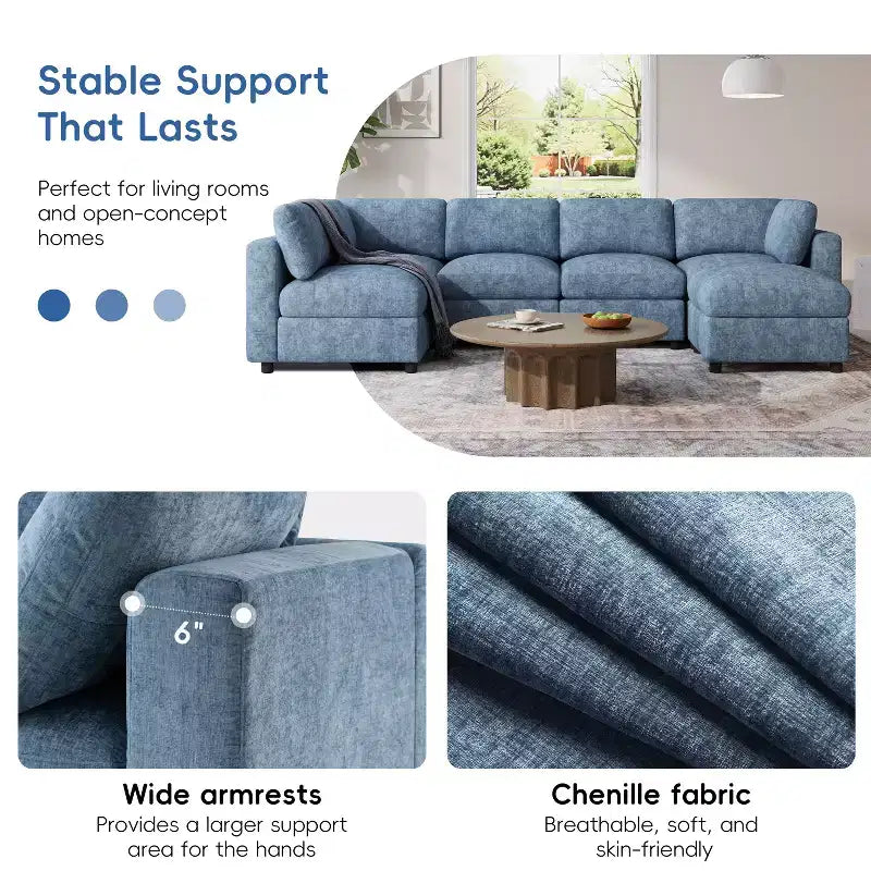 GDFStudio Hudson Divano Componibile Moderno in ciniglia a 6 Posti, a Forma di U, Convertibile con Pouf