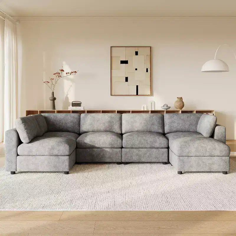 GDFStudio Hudson Divano Componibile Moderno in ciniglia a 6 Posti, a Forma di U, Convertibile con Pouf