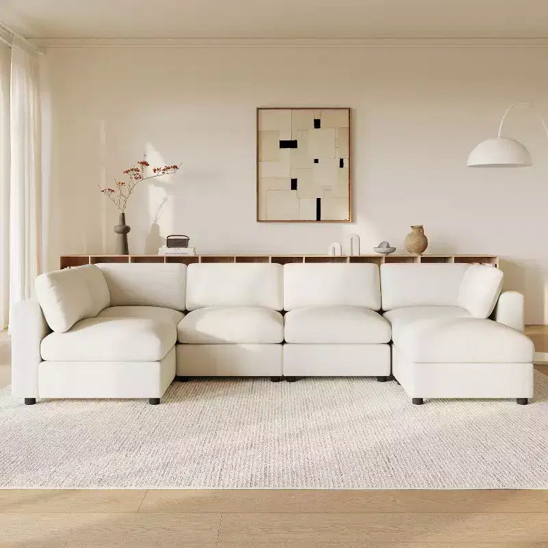 GDFStudio Hudson Divano Componibile Moderno in ciniglia a 6 Posti, a Forma di U, Convertibile con Pouf