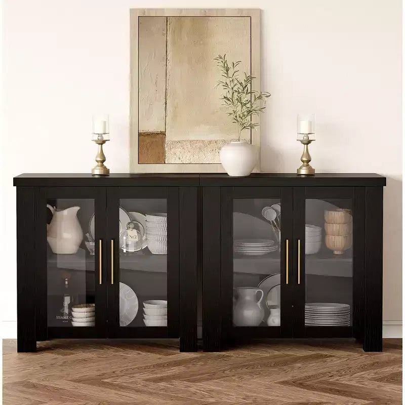 Credenza a Buffet con Vano Contenitore, Credenza da 59" con Ante in Vetro Temperato, Tavolo Buffet in Legno per Soggiorno, Sala da Pranzo, Cucina