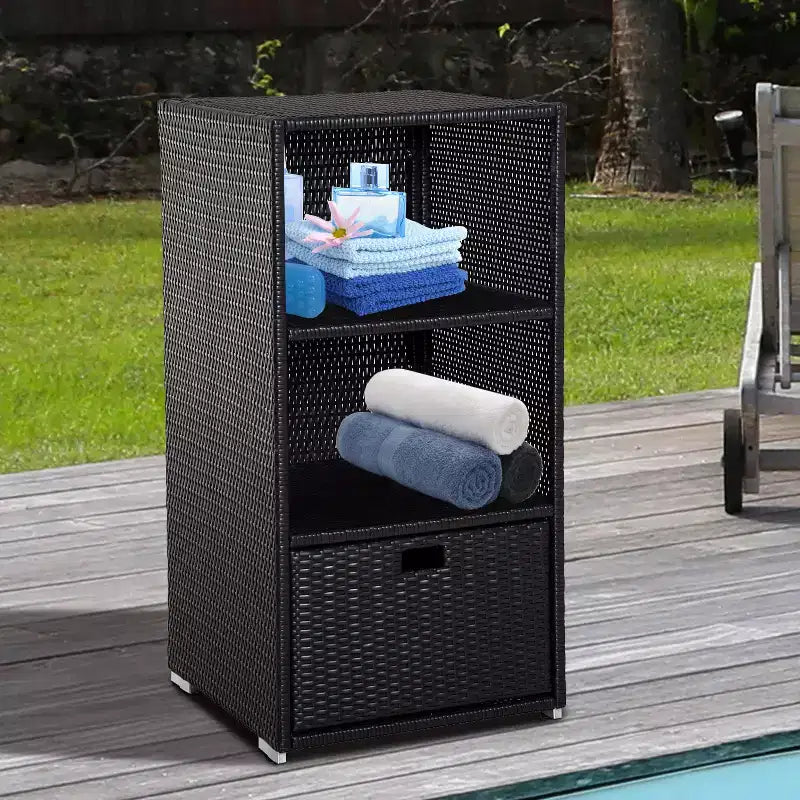 Armadietto Portasciugamani a Bordo Piscina, in Rattan e Vimini con Contenitore, 2 Ripiani e Cassetto Inferiore, per Piscina, Patio, Giardino, 47, Marrone Scuro
