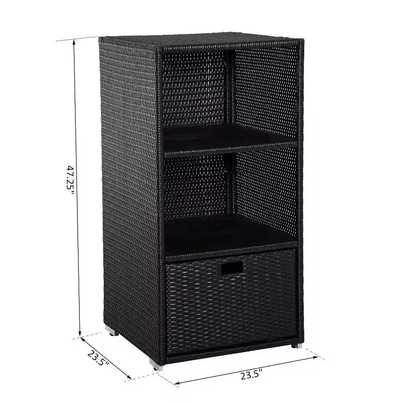 Armadietto Portasciugamani a Bordo Piscina, in Rattan e Vimini con Contenitore, 2 Ripiani e Cassetto Inferiore, per Piscina, Patio, Giardino, 47, Marrone Scuro