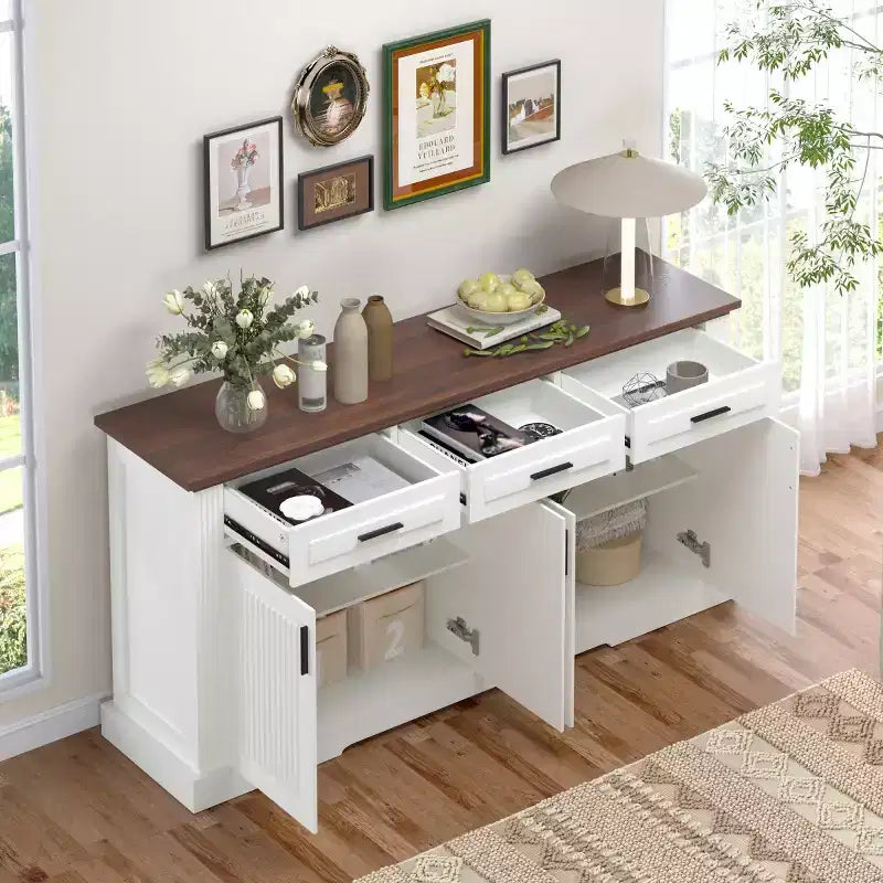 Credenza a Buffet Moderna Scanalata da 160 cm, 4 Ante e 3 Cassetti, Mobile Contenitore da Cucina e Sala da Pranzo per Salotto o Ingresso-Panipeachy