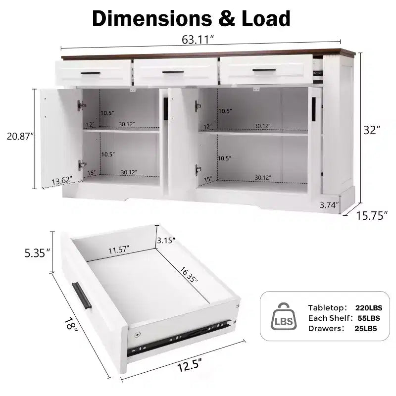 Credenza a Buffet Moderna Scanalata da 160 cm, 4 Ante e 3 Cassetti, Mobile Contenitore da Cucina e Sala da Pranzo per Salotto o Ingresso-Panipeachy
