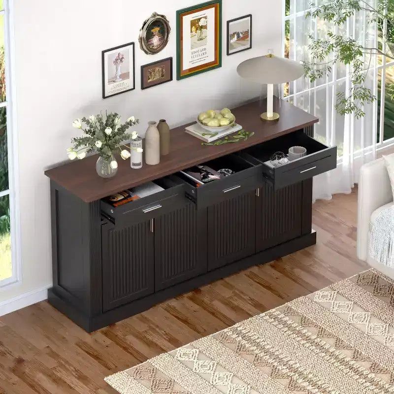 Credenza a Buffet Moderna Scanalata da 160 cm, 4 Ante e 3 Cassetti, Mobile Contenitore da Cucina e Sala da Pranzo per Salotto o Ingresso-Panipeachy