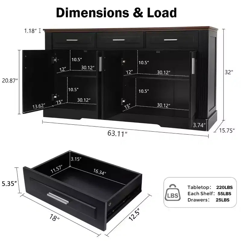 Credenza a Buffet Moderna Scanalata da 160 cm, 4 Ante e 3 Cassetti, Mobile Contenitore da Cucina e Sala da Pranzo per Salotto o Ingresso-Panipeachy