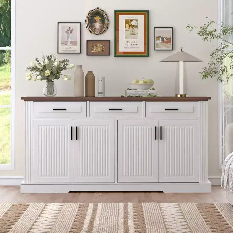 Credenza a Buffet Moderna Scanalata da 160 cm, 4 Ante e 3 Cassetti, Mobile Contenitore da Cucina e Sala da Pranzo per Salotto o Ingresso-Panipeachy