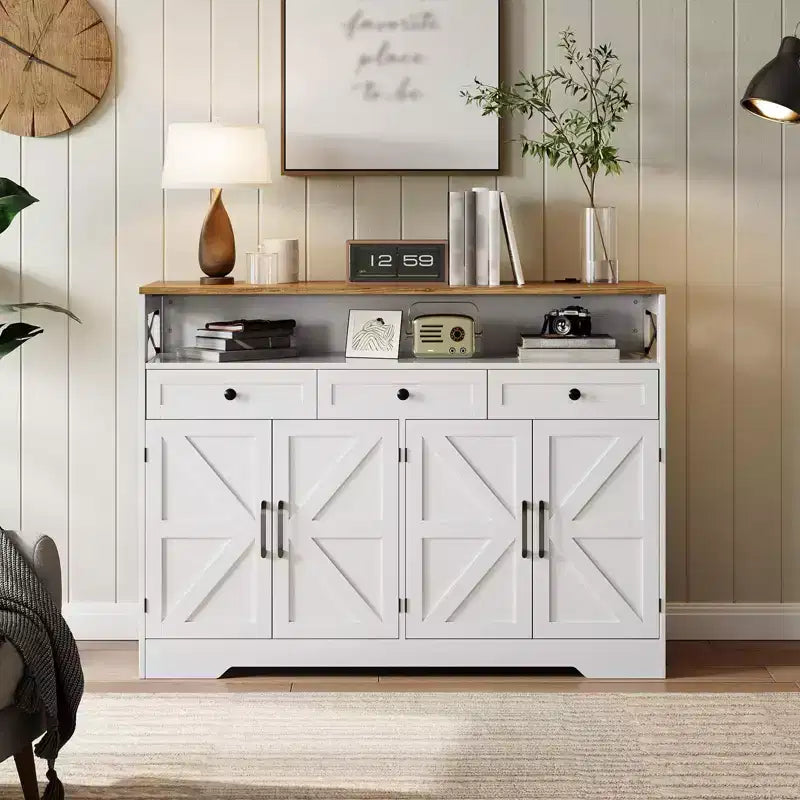 Buffet de ferme 51", Buffet avec 3 tiroirs, étagère ouverte et station de recharge, Meuble bar à café pour cuisine, salle à manger