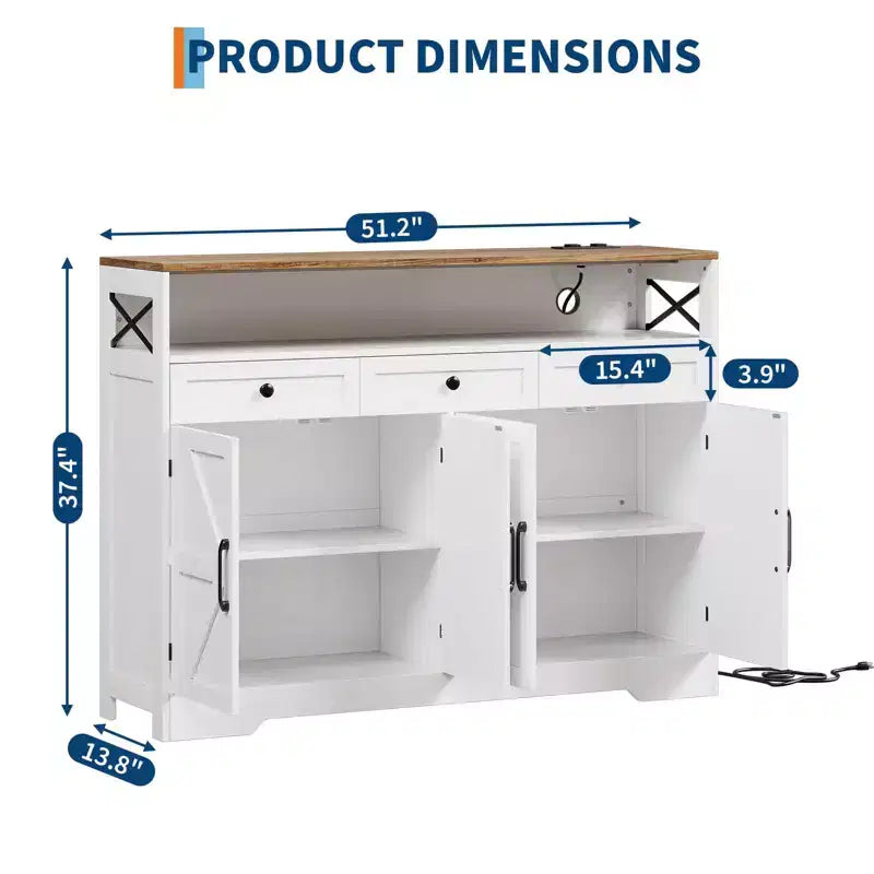 Buffet de ferme 51", Buffet avec 3 tiroirs, étagère ouverte et station de recharge, Meuble bar à café pour cuisine, salle à manger