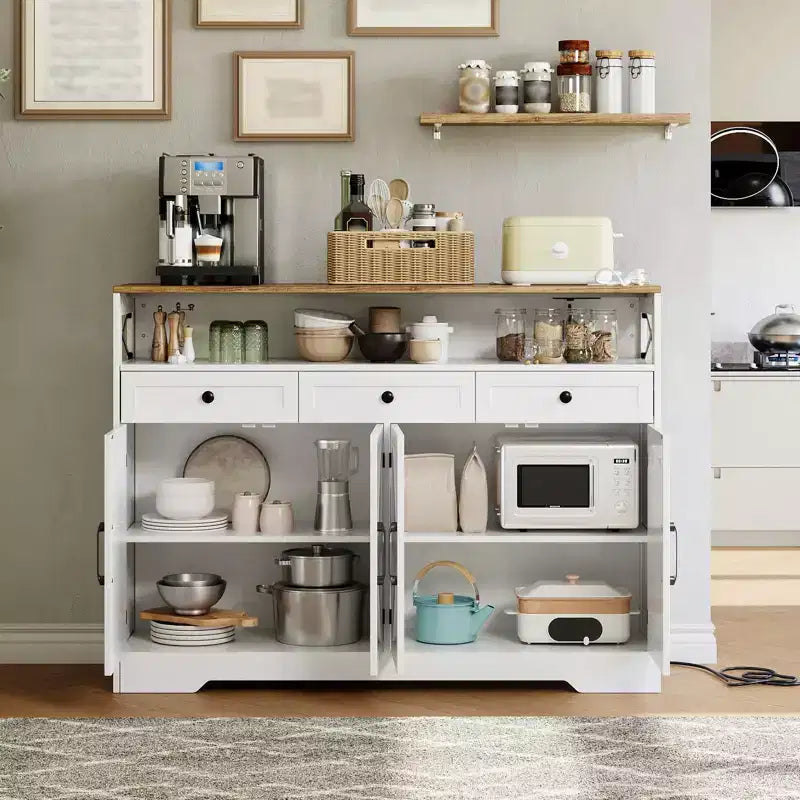 Buffet de ferme 51", Buffet avec 3 tiroirs, étagère ouverte et station de recharge, Meuble bar à café pour cuisine, salle à manger