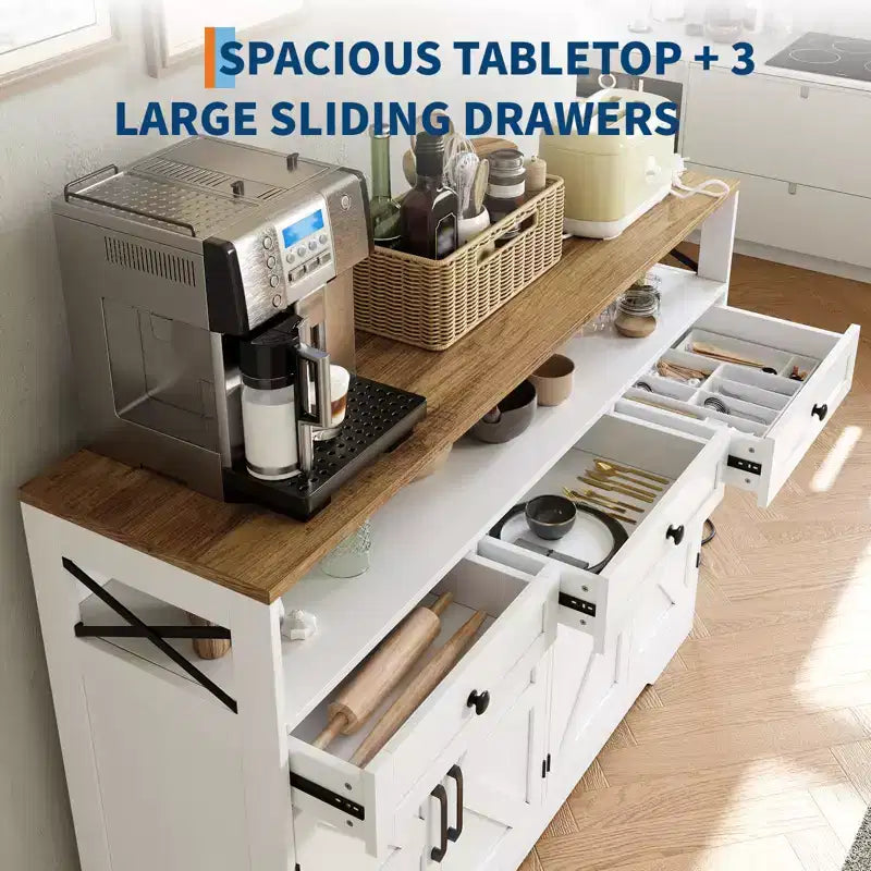 Buffet de ferme 51", Buffet avec 3 tiroirs, étagère ouverte et station de recharge, Meuble bar à café pour cuisine, salle à manger