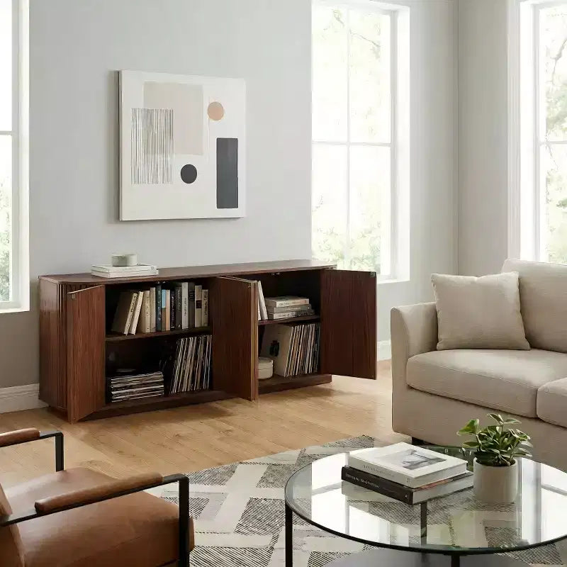JVNOXK Mobile contenitore credenza porta TV con motivo a onde, armadietto a buffet in legno a strisce verticali per ingresso. Noce