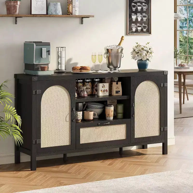 47 Boho Farmhouse Rattan Buffet Cabinet with Adjustable Shelves & Arched Cane Doors,Storage Sideboard for Kitchen, Dining, Living Room & Entryway