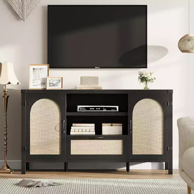 47 Mobile Credenza Rattan Boho da Fattoria con Ripiani Regolabili e Ante Ad Arco in Canneté, Madia Contenitore per Cucina, Sala da Pranzo, Soggiorno e Ingresso
