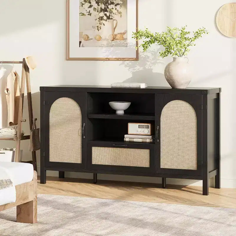 47 Mobile Credenza Rattan Boho da Fattoria con Ripiani Regolabili e Ante Ad Arco in Canneté, Madia Contenitore per Cucina, Sala da Pranzo, Soggiorno e Ingresso