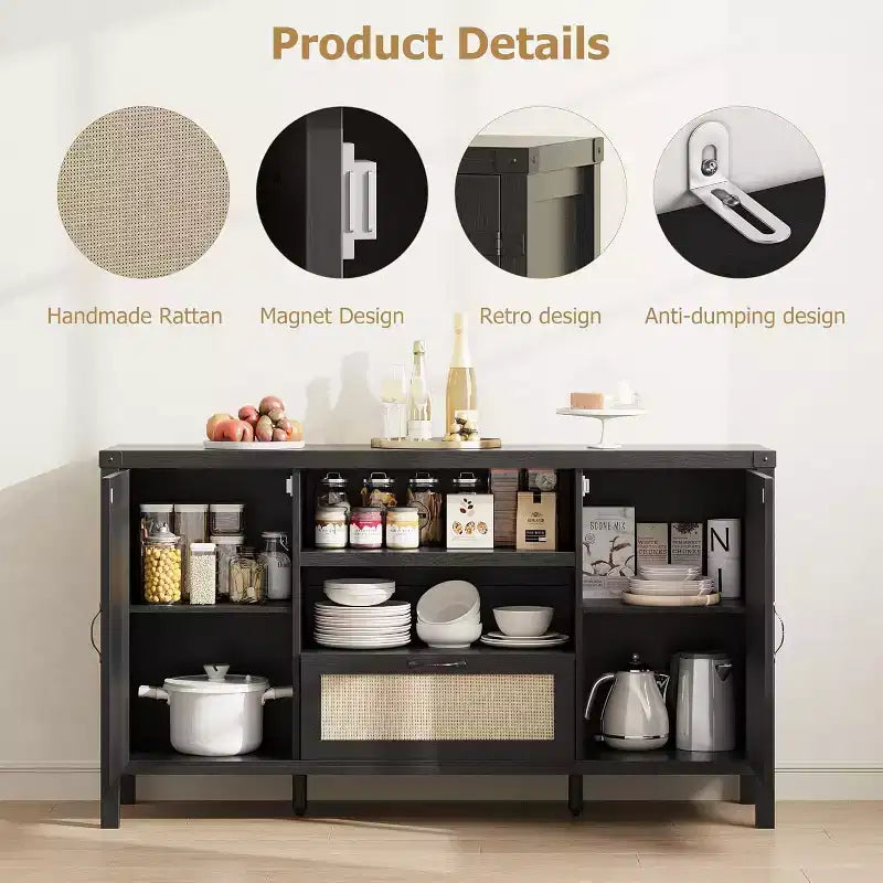 47 Mobile Credenza Rattan Boho da Fattoria con Ripiani Regolabili e Ante Ad Arco in Canneté, Madia Contenitore per Cucina, Sala da Pranzo, Soggiorno e Ingresso
