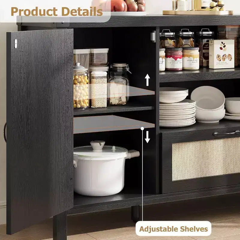 47 Mobile Credenza Rattan Boho da Fattoria con Ripiani Regolabili e Ante Ad Arco in Canneté, Madia Contenitore per Cucina, Sala da Pranzo, Soggiorno e Ingresso