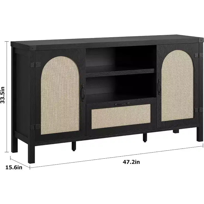 47 Mobile Credenza Rattan Boho da Fattoria con Ripiani Regolabili e Ante Ad Arco in Canneté, Madia Contenitore per Cucina, Sala da Pranzo, Soggiorno e Ingresso
