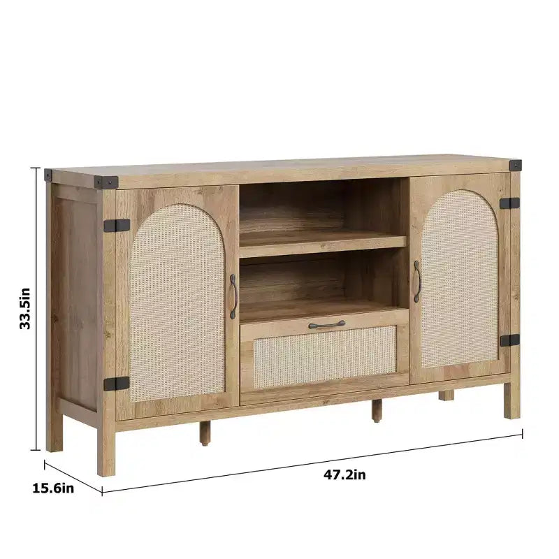 47 Mobile Credenza Rattan Boho da Fattoria con Ripiani Regolabili e Ante Ad Arco in Canneté, Madia Contenitore per Cucina, Sala da Pranzo, Soggiorno e Ingresso
