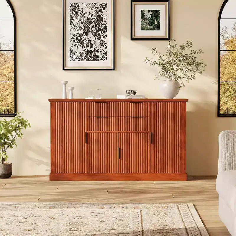 58'' Buffet de ferme avec poignées dorées | Bar à café design cannelé, 4 portes, 2 tiroirs et étagère réglable pour salle à manger et salon