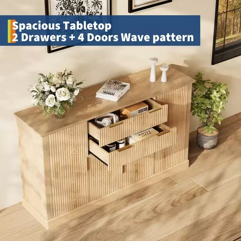 58'' Buffet de ferme avec poignées dorées | Bar à café design cannelé, 4 portes, 2 tiroirs et étagère réglable pour salle à manger et salon