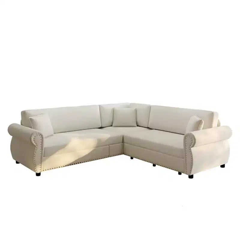 Divano Letto a L Homy Casa 88 con Letto Estraibile, Rivestimento in Ciniglia, 5 Posti, Beige