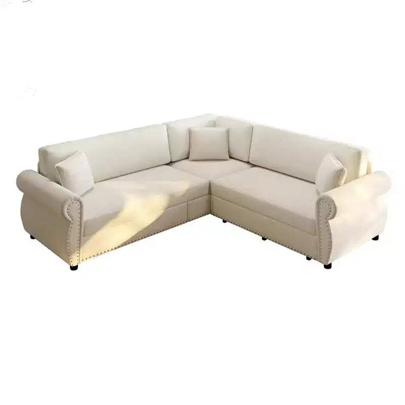 Divano Letto a L Homy Casa 88 con Letto Estraibile, Rivestimento in Ciniglia, 5 Posti, Beige