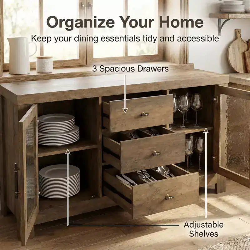 54.4 Mobile Credenza a Buffet, Mobile Contenitore d'Accento con 2 Ante in Vetro e 3 Cassetti, Tavolino da Caffè, Porta TV per Soggiorno, Cucina, Sala da Pranzo