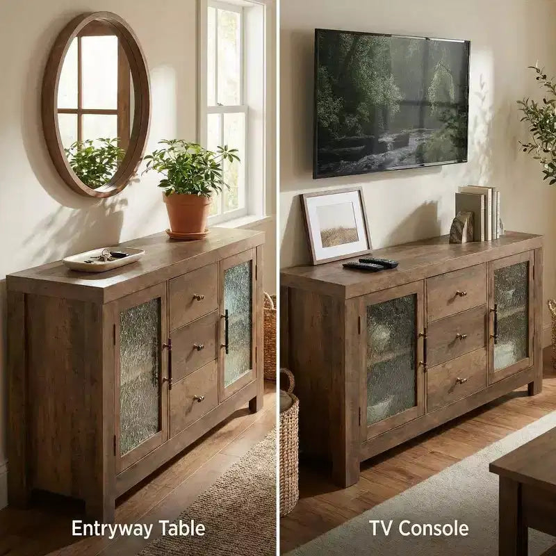 54.4 Mobile Credenza a Buffet, Mobile Contenitore d'Accento con 2 Ante in Vetro e 3 Cassetti, Tavolino da Caffè, Porta TV per Soggiorno, Cucina, Sala da Pranzo