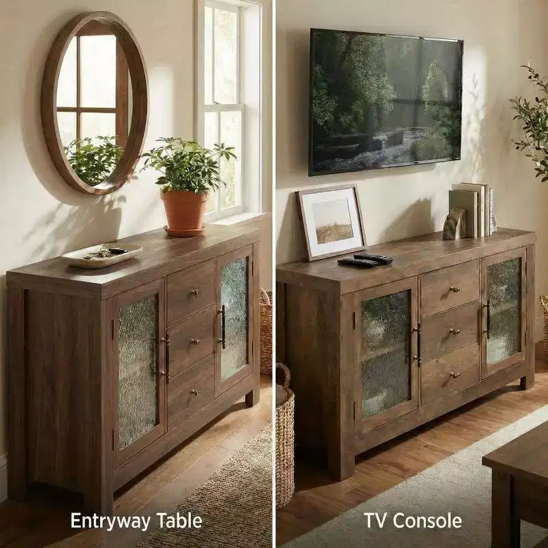 54.4 Mobile Credenza a Buffet, Mobile Contenitore d'Accento con 2 Ante in Vetro e 3 Cassetti, Tavolino da Caffè, Porta TV per Soggiorno, Cucina, Sala da Pranzo