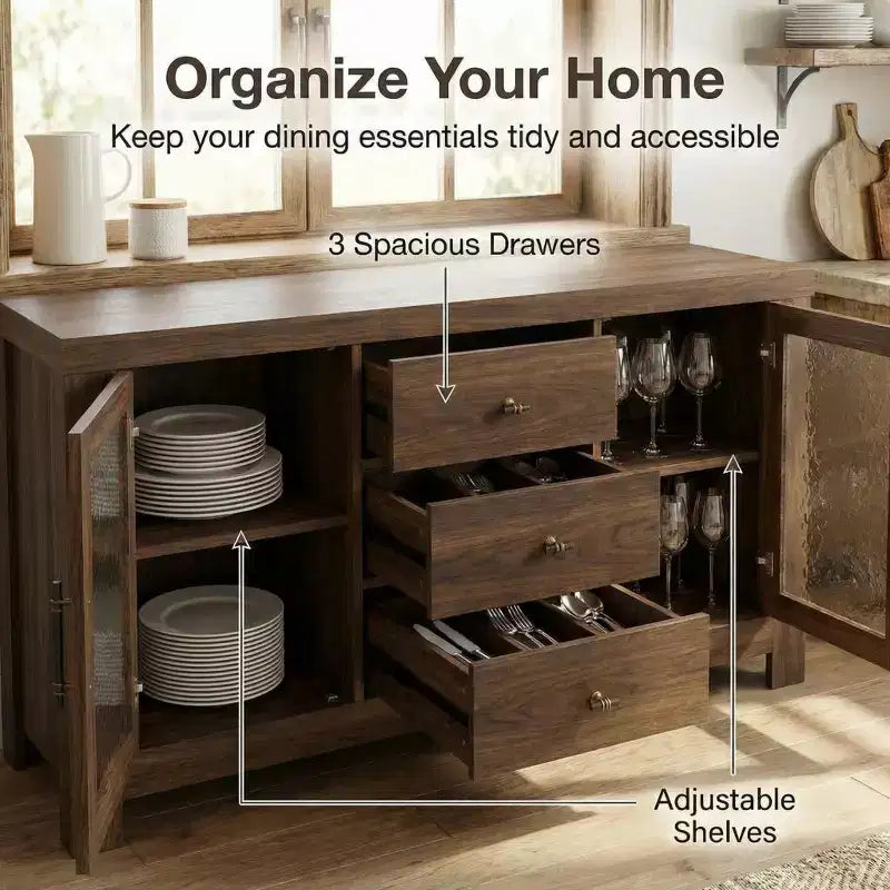 54.4 Mobile Credenza a Buffet, Mobile Contenitore d'Accento con 2 Ante in Vetro e 3 Cassetti, Tavolino da Caffè, Porta TV per Soggiorno, Cucina, Sala da Pranzo