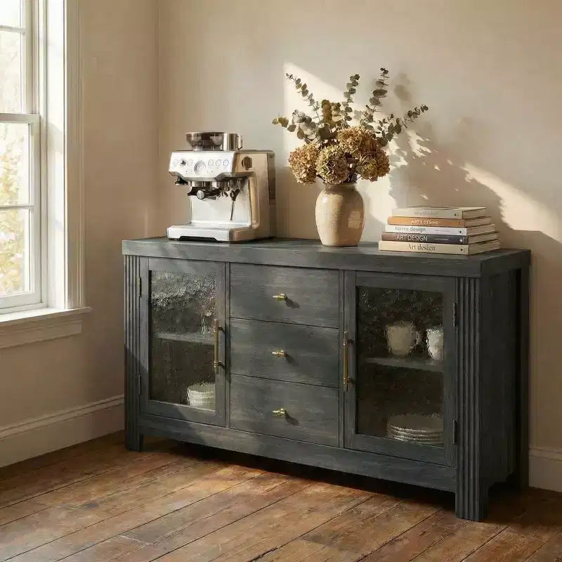 54.4 Mobile Credenza a Buffet, Mobile Contenitore d'Accento con 2 Ante in Vetro e 3 Cassetti, Tavolino da Caffè, Porta TV per Soggiorno, Cucina, Sala da Pranzo