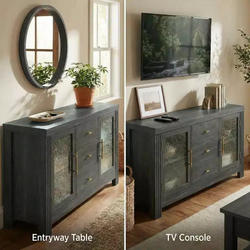 54.4 Mobile Credenza a Buffet, Mobile Contenitore d'Accento con 2 Ante in Vetro e 3 Cassetti, Tavolino da Caffè, Porta TV per Soggiorno, Cucina, Sala da Pranzo
