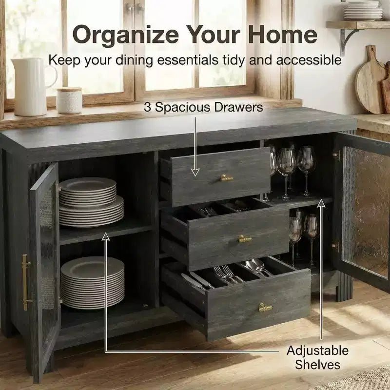 54.4 Mobile Credenza a Buffet, Mobile Contenitore d'Accento con 2 Ante in Vetro e 3 Cassetti, Tavolino da Caffè, Porta TV per Soggiorno, Cucina, Sala da Pranzo