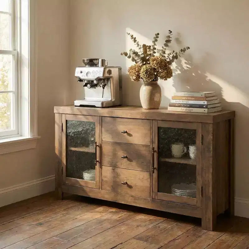 54.4 Mobile Credenza a Buffet, Mobile Contenitore d'Accento con 2 Ante in Vetro e 3 Cassetti, Tavolino da Caffè, Porta TV per Soggiorno, Cucina, Sala da Pranzo