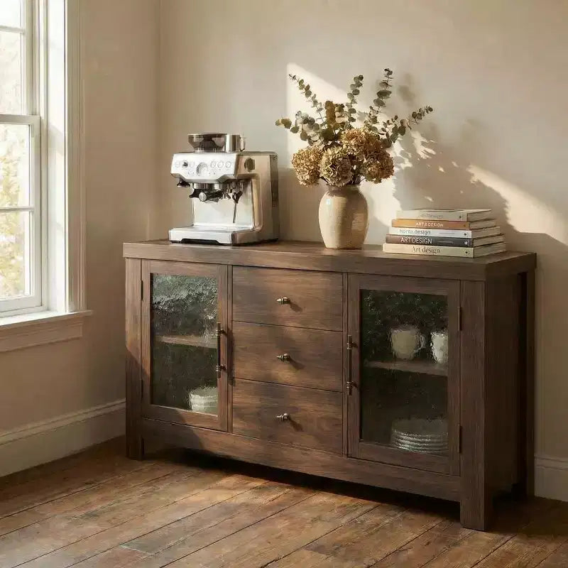 54.4 Mobile Credenza a Buffet, Mobile Contenitore d'Accento con 2 Ante in Vetro e 3 Cassetti, Tavolino da Caffè, Porta TV per Soggiorno, Cucina, Sala da Pranzo