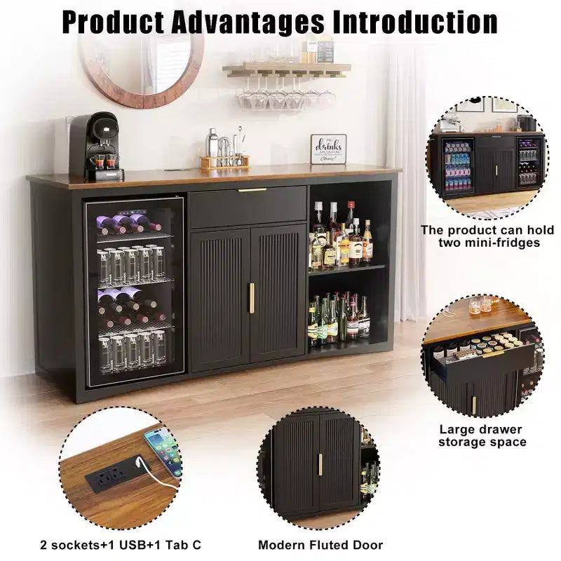 GDLF Long Coffee Bar Cabinet con Spazio per Frigo, Mobile Moderno Porta Vino e Liquori 70.1
